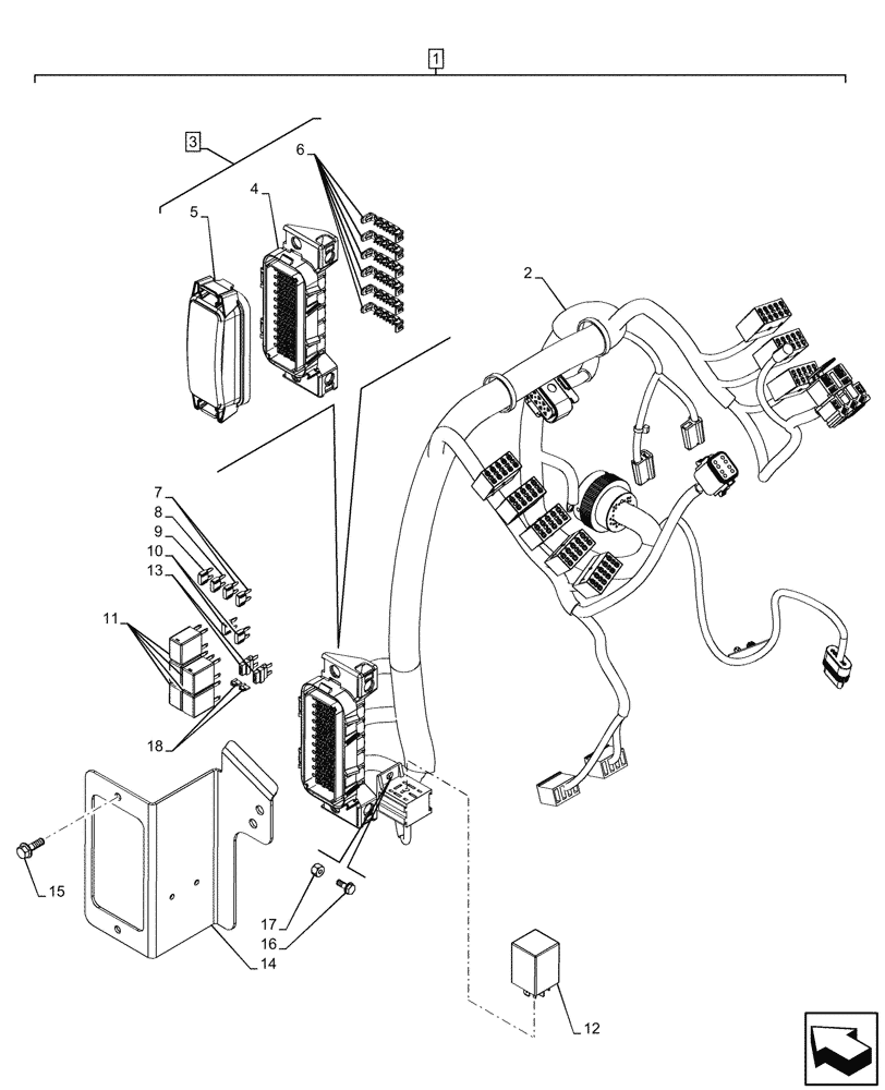 Схема запчастей Case 590SN - (55.100.DO[02]) - VAR - 423060, 423061, 423062 - SEMI-POWERSHIFT, POWERSHIFT TRANSMISSION, FRONT CONSOLE HARNESS, FUSE BOX, RELAY - 9127 (55) - ELECTRICAL SYSTEMS