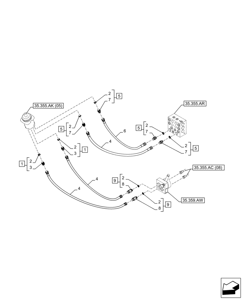Схема запчастей Case CX250D LC - (35.355.AC[06]) - VAR - 461558 - JOYSTICK, RH, HYDRAULIC LINE, CONTROL VALVE, CONTROL PATTERN SELECTION (35) - HYDRAULIC SYSTEMS