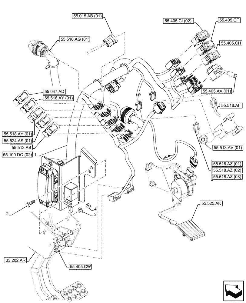 Схема запчастей Case 580SN - (55.510.AN[01]) - VAR - 423060, 423061, 423062 - CAB, SEMI-POWERSHIFT, POWERSHIFT TRANSMISSION, FRONT CONSOLE, HARNESS - C9127 (55) - ELECTRICAL SYSTEMS