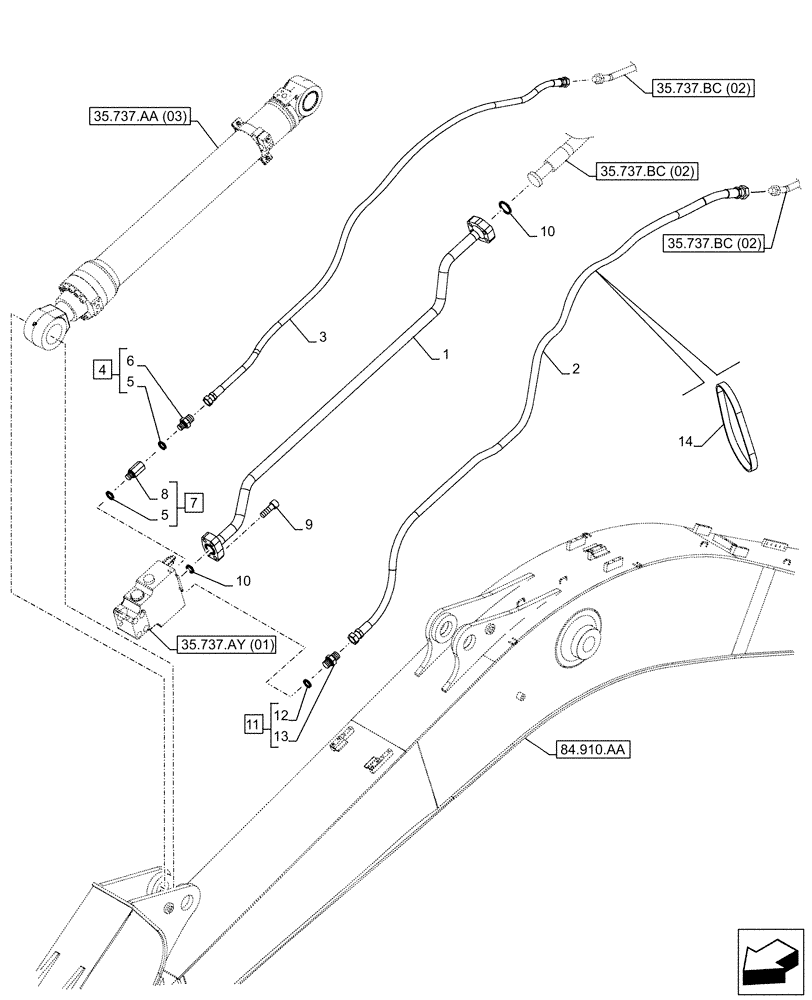 Схема запчастей Case CX210D NLC - (35.737.BC[03]) - VAR - 481064 - ARM, CYLINDER, SAFETY VALVE, LINES (35) - HYDRAULIC SYSTEMS