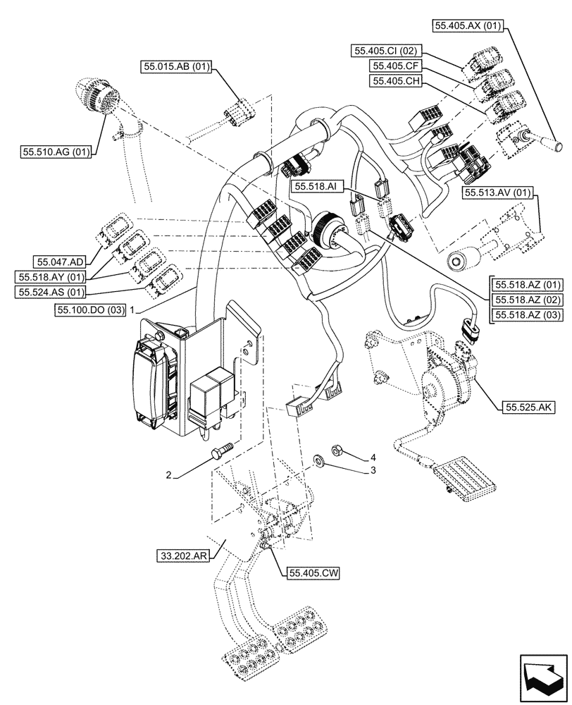 Схема запчастей Case 580SN WT - (55.510.AN[02]) - VAR - 423058, 423059 - POWERSHUTTLE TRANSMISSION, FRONT CONSOLE, HARNESS - C9127 (55) - ELECTRICAL SYSTEMS