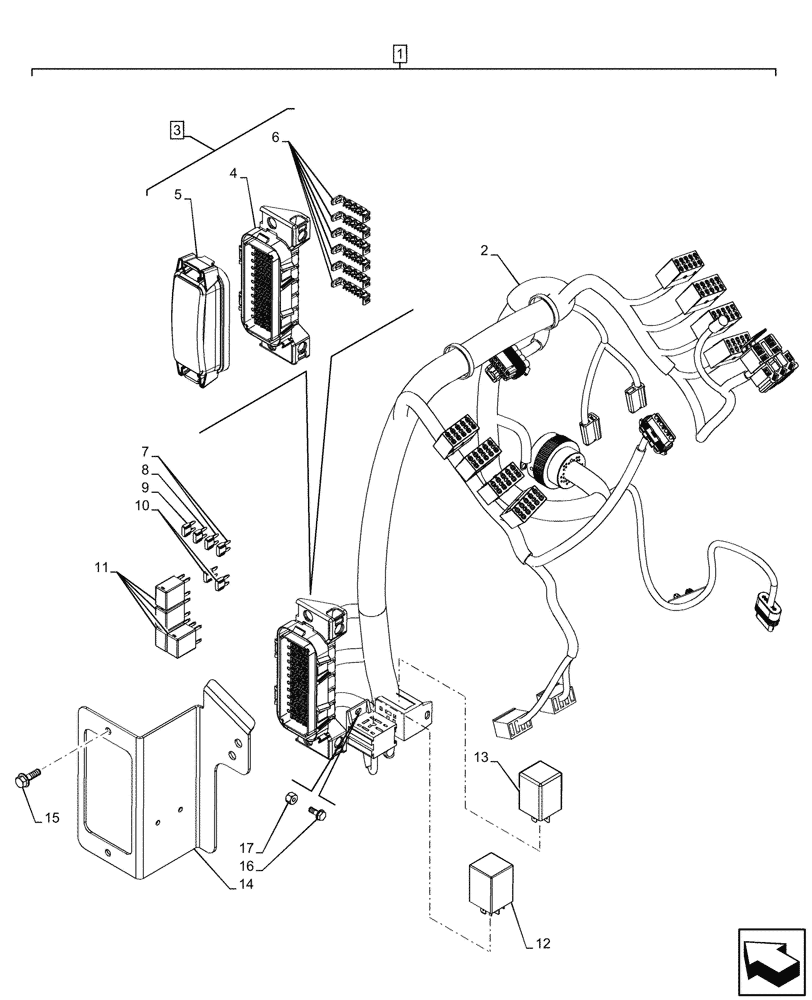 Схема запчастей Case 590SN - (55.100.DO[04]) - VAR - 423058, 423059 - POWERSHUTTLE TRANSMISSION, FRONT CONSOLE HARNESS, FUSE BOX, RELAY (55) - ELECTRICAL SYSTEMS