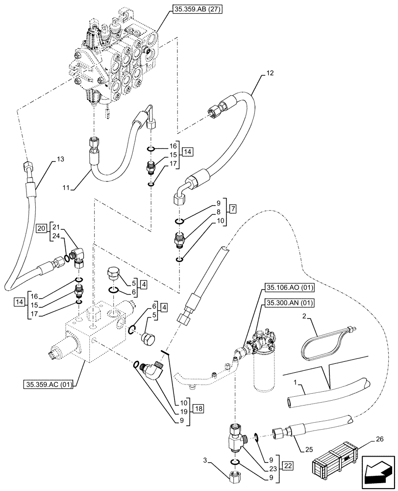 Схема запчастей Case 590SN - (35.359.AE[12]) - VAR - 747864 - LOADER, AUXILIARY CONTROL VALVE, LINE (35) - HYDRAULIC SYSTEMS