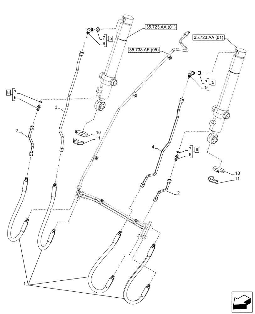 Схема запчастей Case 580N EP - (35.723.AB[01]) - BUCKET CYLINDER, LINES (35) - HYDRAULIC SYSTEMS