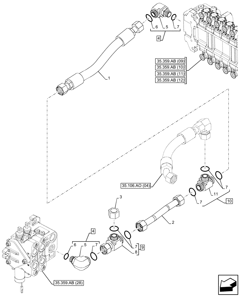 Схема запчастей Case 590SN - (35.359.AE[14]) - LOADER, CONTROL VALVE LINE, BACKHOE CONTROL VALVE (35) - HYDRAULIC SYSTEMS