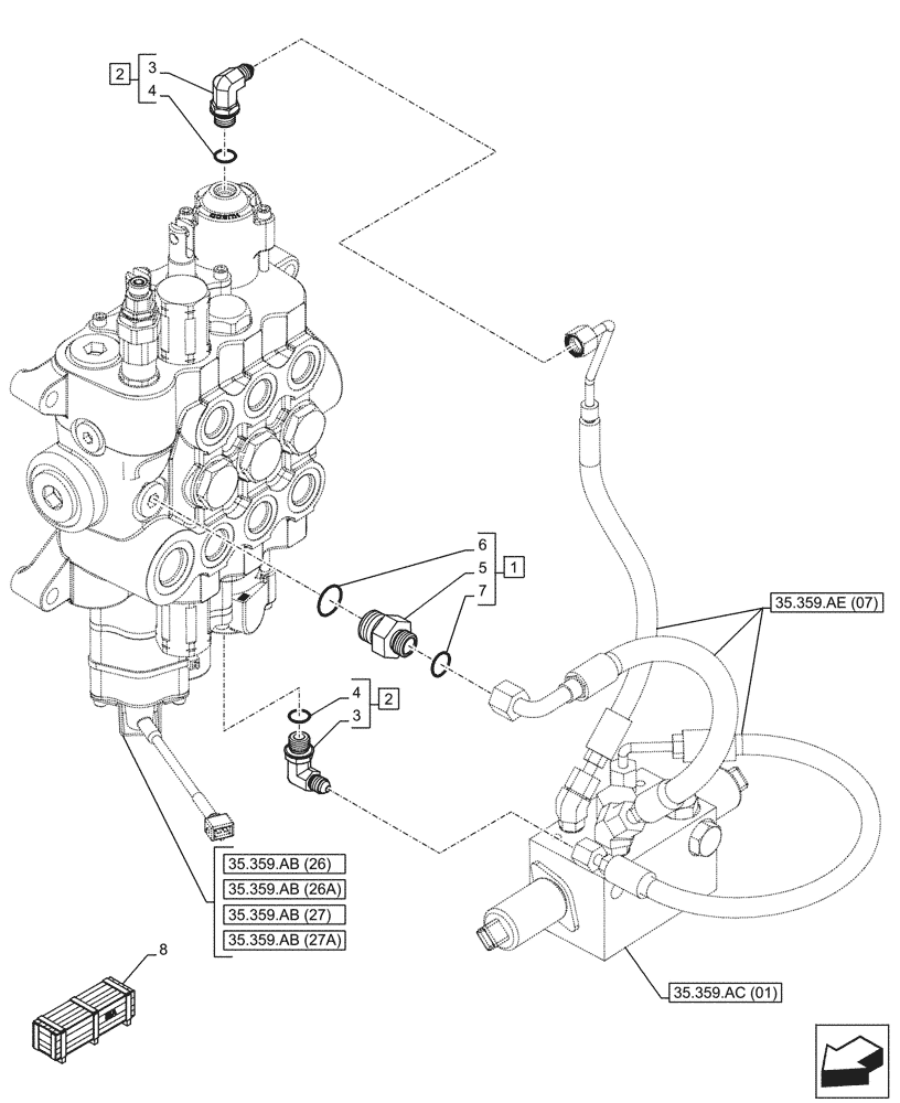 Схема запчастей Case 580N EP - (35.359.AE[05]) - VAR - 747776, 747864 - LOADER, AUXILIARY CONTROL VALVE, LINE (35) - HYDRAULIC SYSTEMS