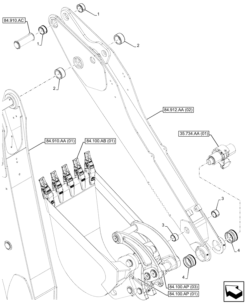 Схема запчастей Case 580SN - (84.912.AD[02]) - STANDARD DIPPER, HYDRAULIC COUPLER, BUSHING (84) - BOOMS, DIPPERS & BUCKETS