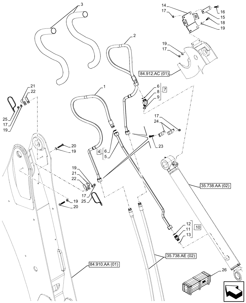 Схема запчастей Case 580N EP - (35.738.AE[03]) - VAR - 423076 - BACKHOE BUCKET, EXTENDABLE DIPPER, CYLINDER, LINES (35) - HYDRAULIC SYSTEMS