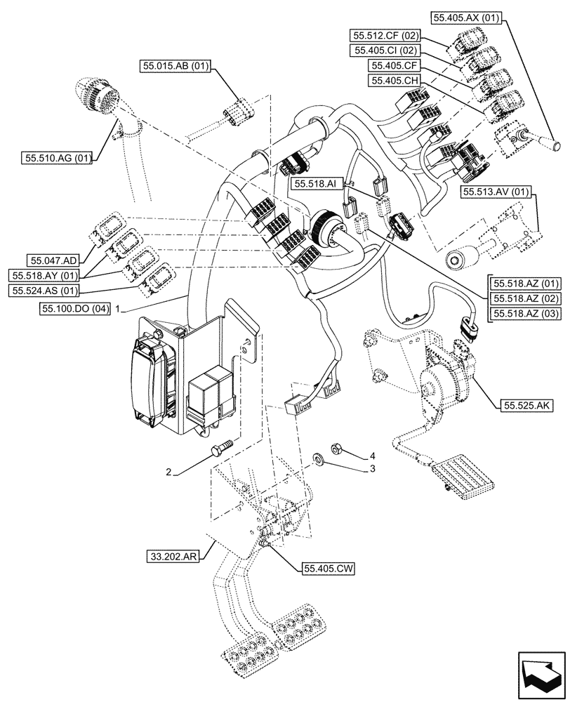 Схема запчастей Case 580SN WT - (55.510.AN[03]) - VAR - 423058, 423059 - POWERSHUTTLE TRANSMISSION, FRONT CONSOLE, HARNESS (55) - ELECTRICAL SYSTEMS