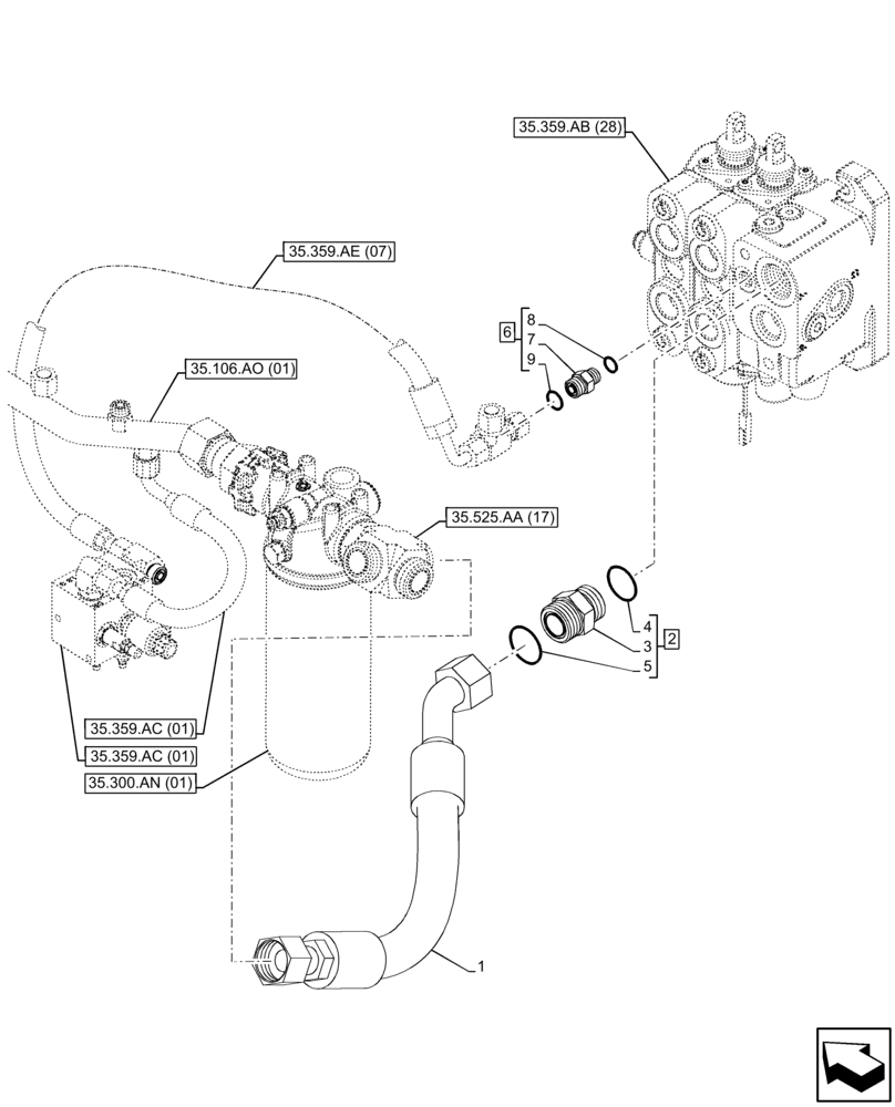 Схема запчастей Case 580SN - (35.359.AE[15]) - VAR - 747864 - LOADER, CONTROL VALVE LINE, FILTER (35) - HYDRAULIC SYSTEMS