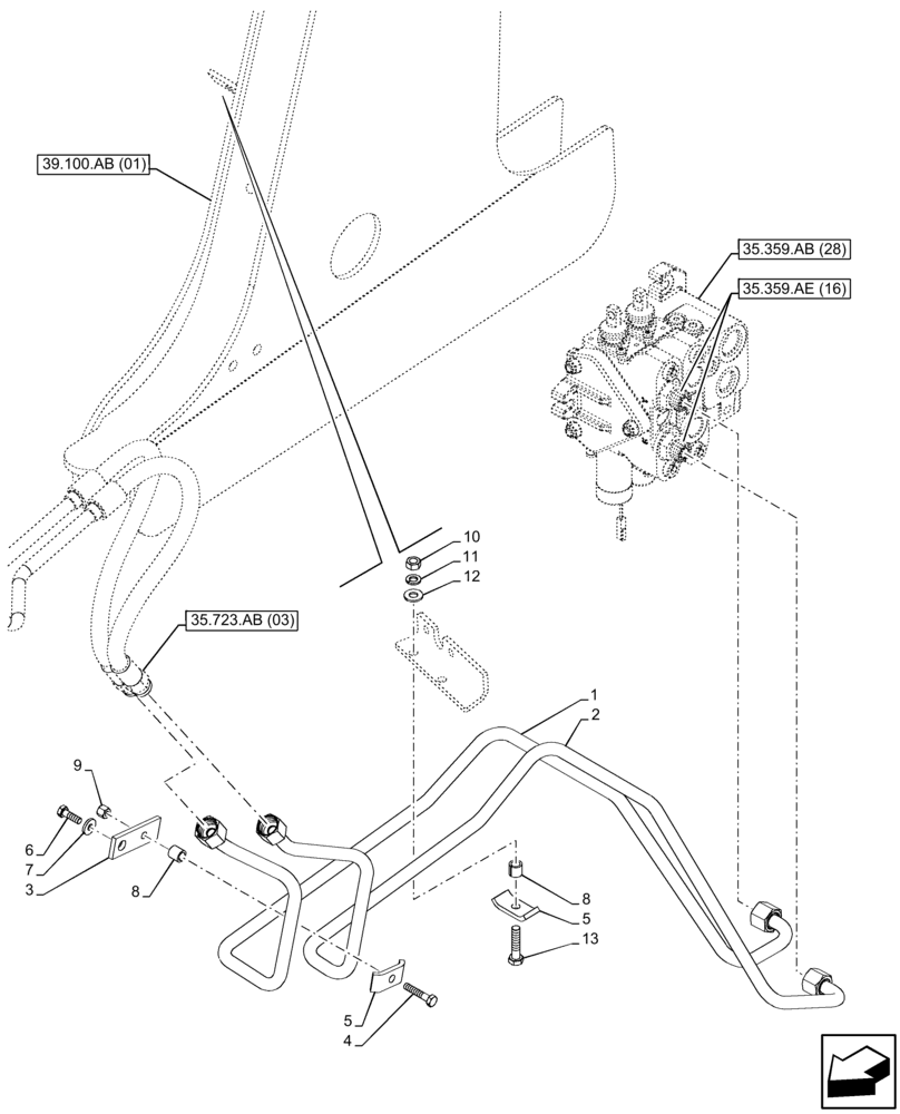 Схема запчастей Case 590SN - (35.723.AB[08]) - LOADER BUCKET CYLINDER LINES (35) - HYDRAULIC SYSTEMS