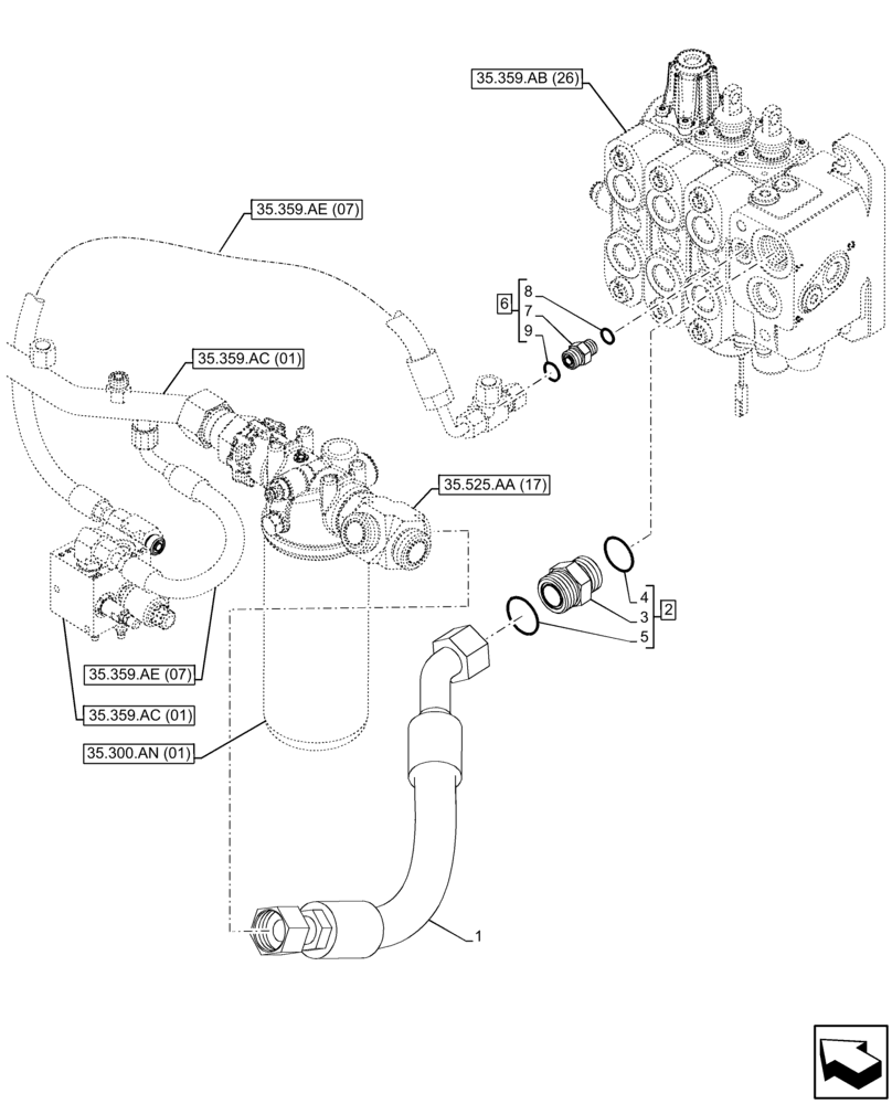 Схема запчастей Case 580SN WT - (35.359.AE[11]) - VAR - 747864 - LOADER, CONTROL VALVE LINE, FILTER (35) - HYDRAULIC SYSTEMS