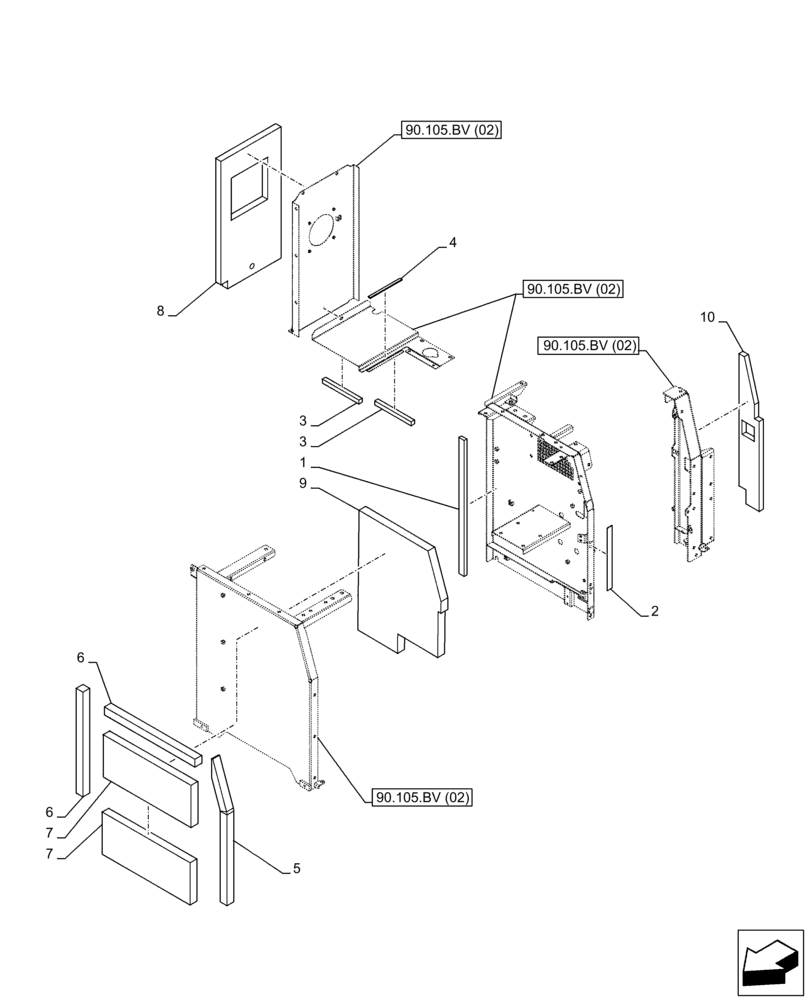 Схема запчастей Case CX210D LC LR - (90.105.BV[04]) - STD + VAR - 488031, 481027 - HOUSING & COVERS, INSULATION (90) - PLATFORM, CAB, BODYWORK AND DECALS