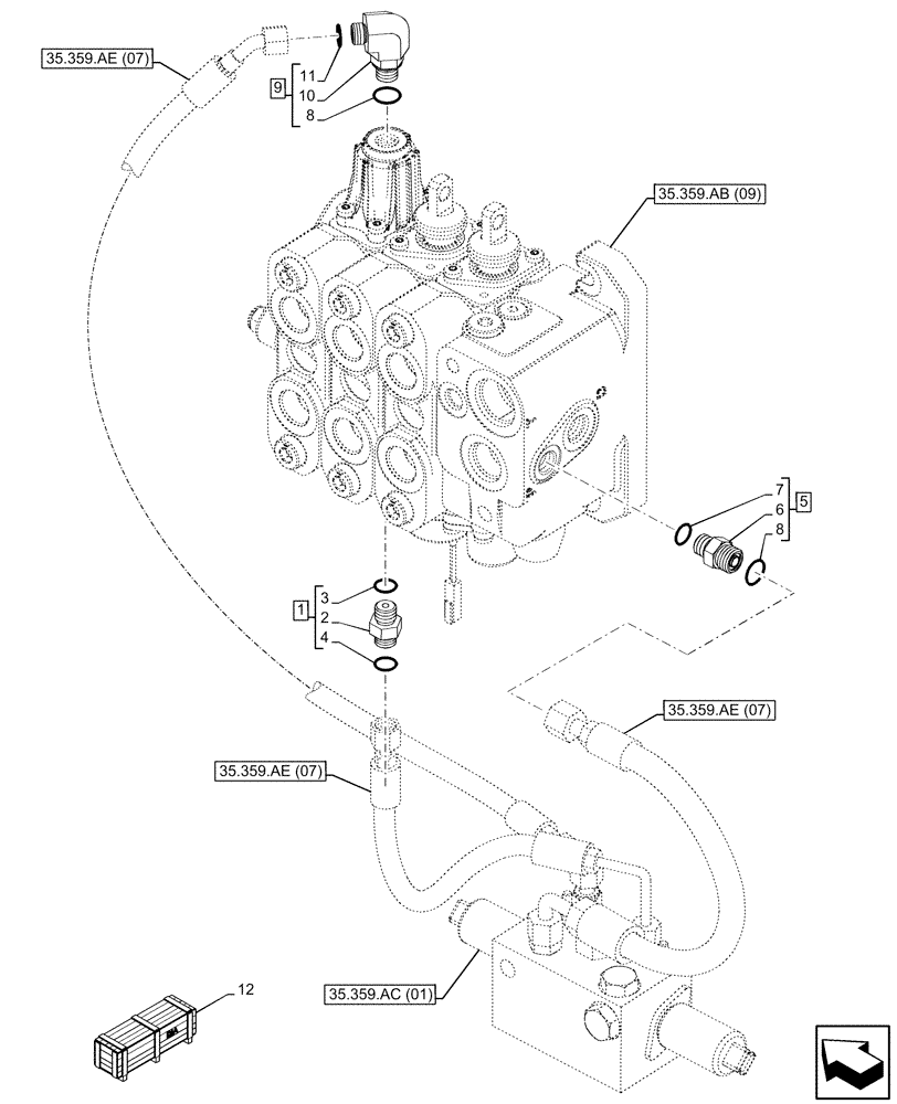 Схема запчастей Case 580SN WT - (35.359.AE[10]) - VAR - 747864 - LOADER, AUXILIARY CONTROL VALVE, LINE (35) - HYDRAULIC SYSTEMS