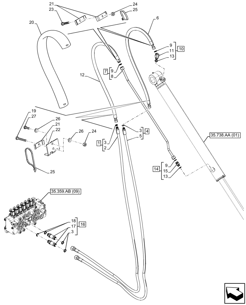 Схема запчастей Case 580SN - (35.738.AE[01]) - VAR - 423075 - BACKHOE BUCKET, STANDARD DIPPER, CYLINDER, LINES (35) - HYDRAULIC SYSTEMS