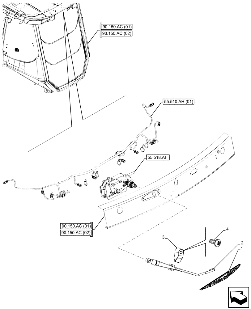 Схема запчастей Case 580SN - (55.518.AH) - VAR - 747853, 747854, 747855 - CAB, NARROW, REAR WIPER, ARM, BLADE (55) - ELECTRICAL SYSTEMS