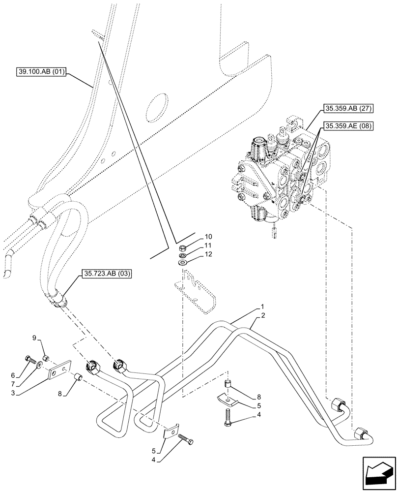 Схема запчастей Case 590SN - (35.723.AB[07]) - VAR - 747864 - LOADER BUCKET CYLINDER LINES (35) - HYDRAULIC SYSTEMS