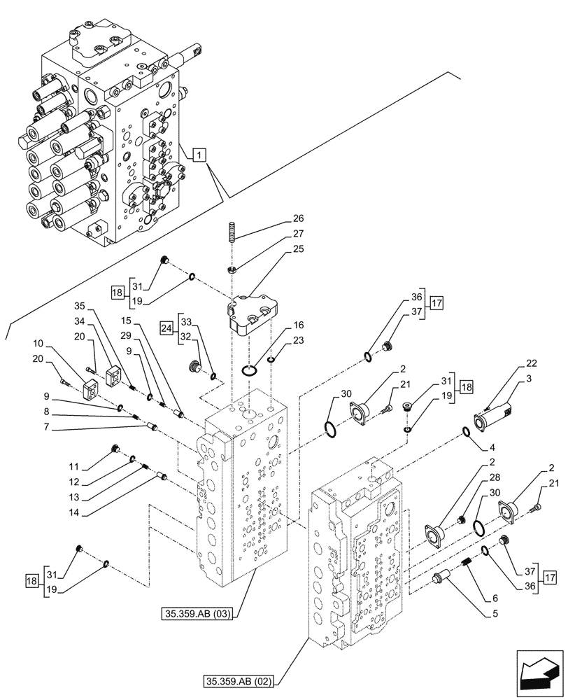 Схема запчастей Case CX210D LC - (35.359.AB[04]) - CONTROL VALVE, COMPONENTS (35) - HYDRAULIC SYSTEMS