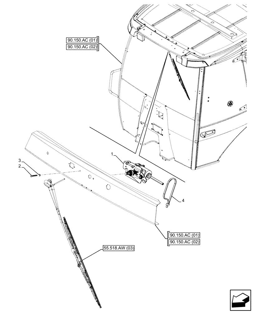 Схема запчастей Case 580SN - (55.518.AZ[03]) - VAR - 747853, 747854, 747855 - CAB, NARROW, FRONT WIPER, MOTOR (55) - ELECTRICAL SYSTEMS