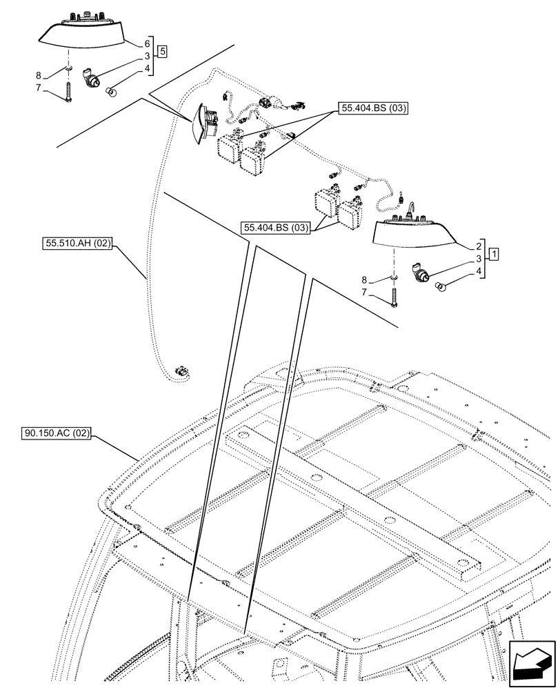 Схема запчастей Case 580SN - (55.404.AL[02]) - VAR - 747853 - CAB, NARROW, FRONT LIGHT (55) - ELECTRICAL SYSTEMS