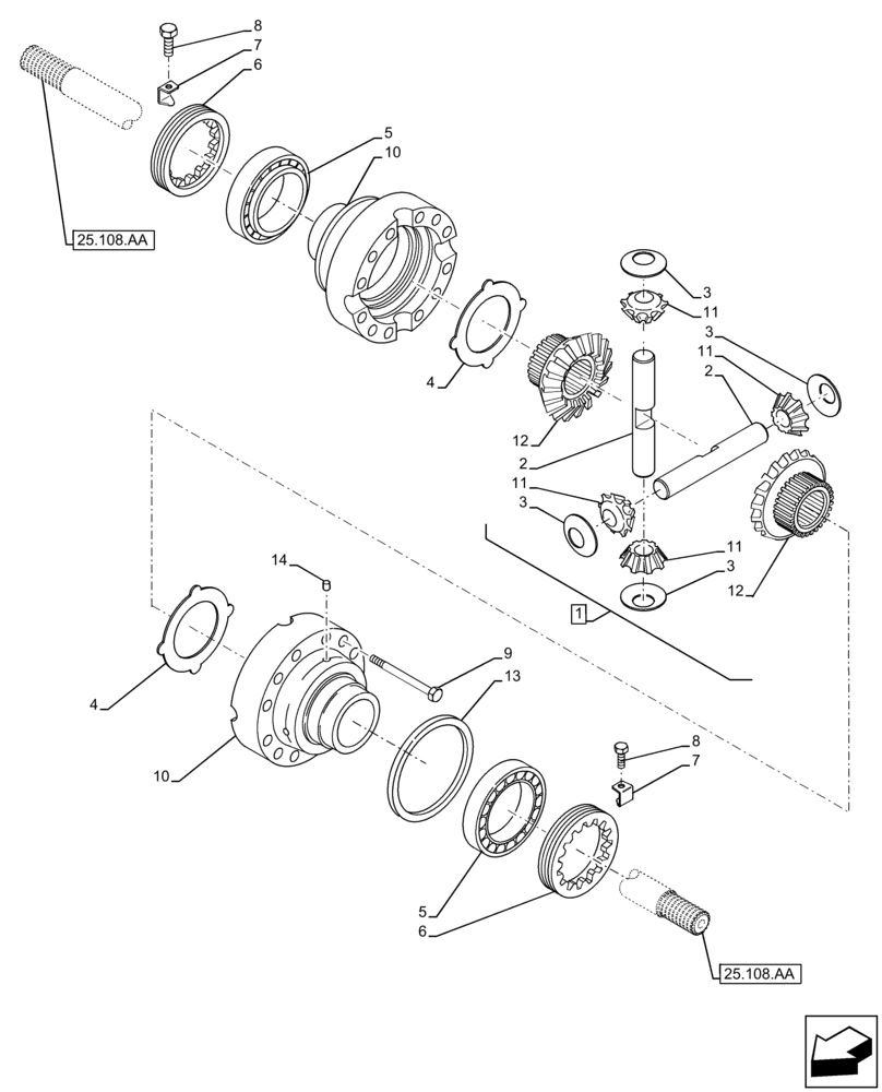 Схема запчастей Case 221F - (25.102.AD[03]) - VAR - 734512, 734515 - FRONT AXLE, DIFFERENTIAL GEAR (WITHOUT DISK) (25) - FRONT AXLE SYSTEM