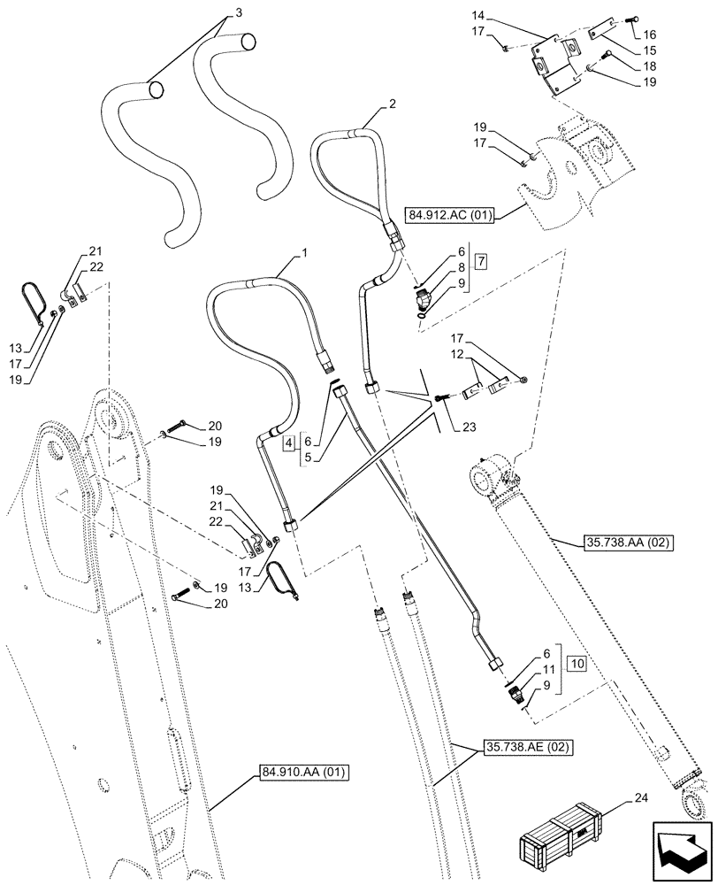 Схема запчастей Case 580SN WT - (35.738.AE[03]) - VAR - 423076 - BACKHOE BUCKET, EXTENDABLE DIPPER, CYLINDER, LINES (35) - HYDRAULIC SYSTEMS