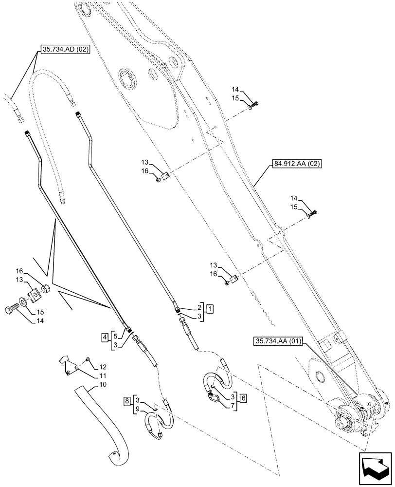 Схема запчастей Case 580SN WT - (35.734.AD[04]) - QUICK COUPLER, VALVE, HYDRAULIC LINE, STANDARD DIPPER (35) - HYDRAULIC SYSTEMS