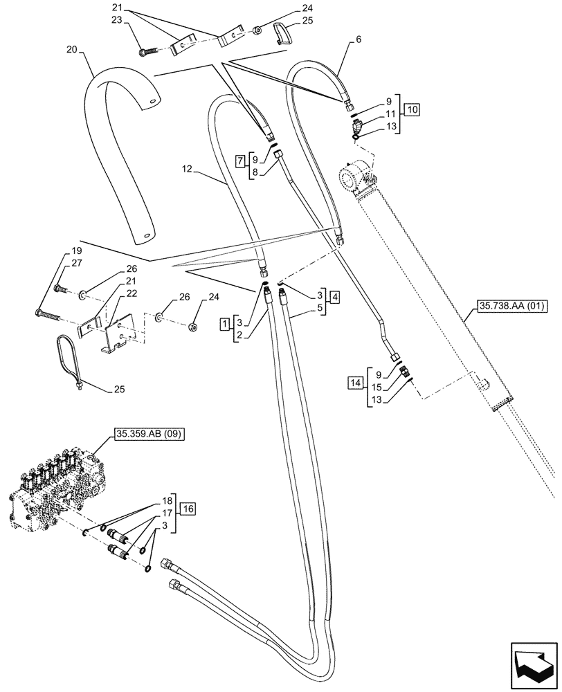 Схема запчастей Case 580SN WT - (35.738.AE[01]) - VAR - 423075 - BACKHOE BUCKET, STANDARD DIPPER, CYLINDER, LINES (35) - HYDRAULIC SYSTEMS