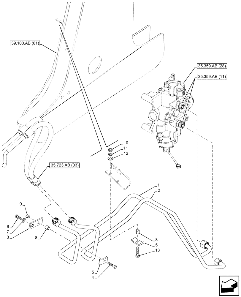 Схема запчастей Case 580SN WT - (35.723.AB[08]) - LOADER BUCKET CYLINDER LINES (35) - HYDRAULIC SYSTEMS