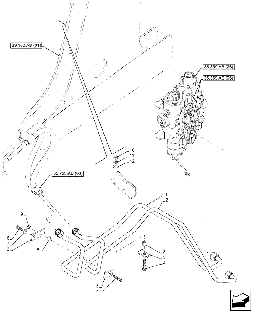 Схема запчастей Case 590SN - (35.723.AB[06]) - VAR - 747776, 747864 - LOADER BUCKET CYLINDER LINES (35) - HYDRAULIC SYSTEMS