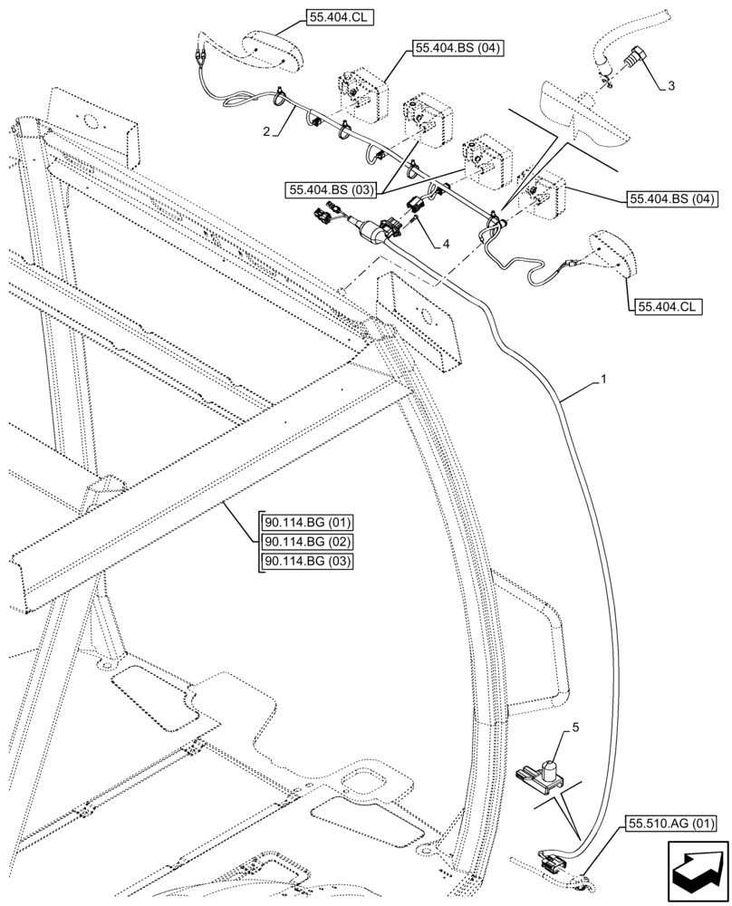 Схема запчастей Case 580SN - (55.511.AI[05]) - VAR - 442085 - CANOPY, WORK LIGHT, HARNESS (55) - ELECTRICAL SYSTEMS