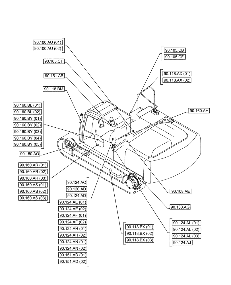 Схема запчастей Case CX210D NLC - (00.000.90[02]) - PICTORIAL INDEX - PLATFORM, CAB, BODYWORK AND DECALS (00) - GENERAL & PICTORIAL INDEX