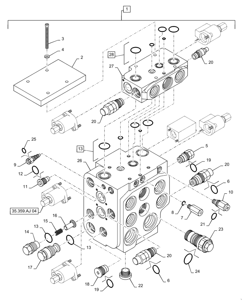 Схема запчастей Case 721F - (35.359.AJ[05]) - VALVE ASSY, LOADER CONTROL, 3 SPOOL, XT (35) - HYDRAULIC SYSTEMS