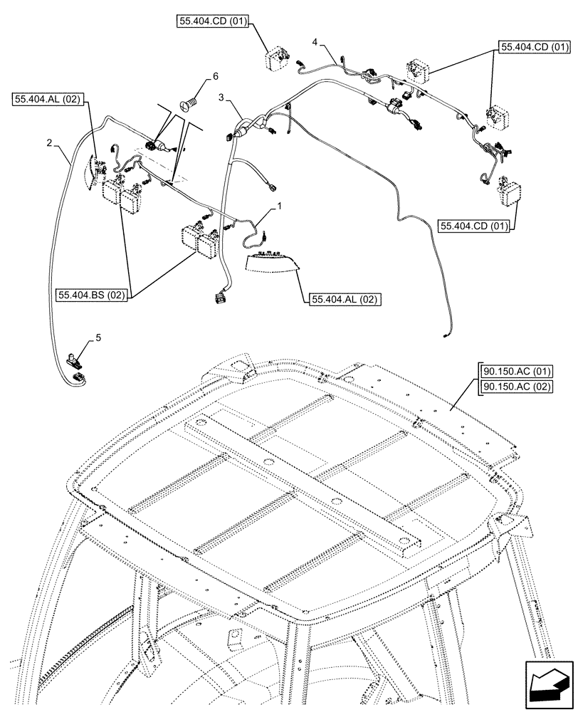 Схема запчастей Case 580SN - (55.510.AH[02]) - VAR - 747853 - CAB ROOF, NARROW, WIRE HARNESS (55) - ELECTRICAL SYSTEMS