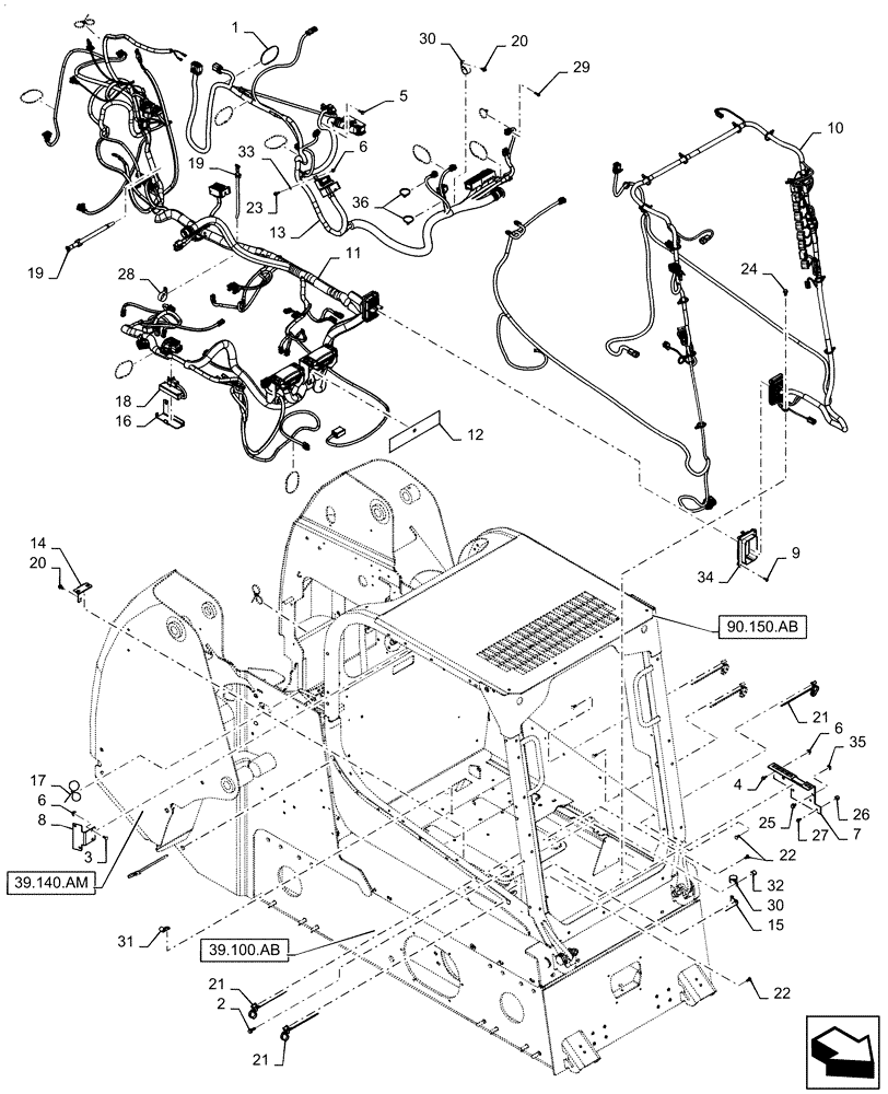 Схема запчастей Case SR270 - (55.101.AC[02]) - WIRE HARNESS & CONNECTOR, MECHANICAL CONTROLS, OPEN CAB (55) - ELECTRICAL SYSTEMS