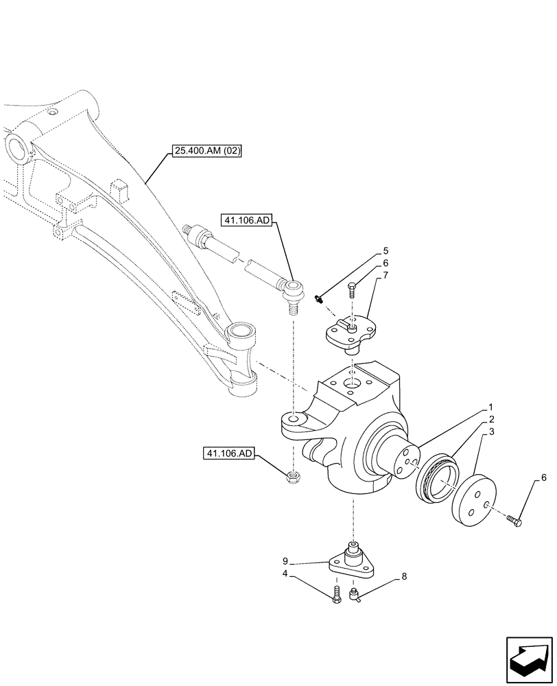 Схема запчастей Case 580SN - (25.400.AQ[01]) - FRONT AXLE, STEERING KNUCKLE, 2WD (25) - FRONT AXLE SYSTEM