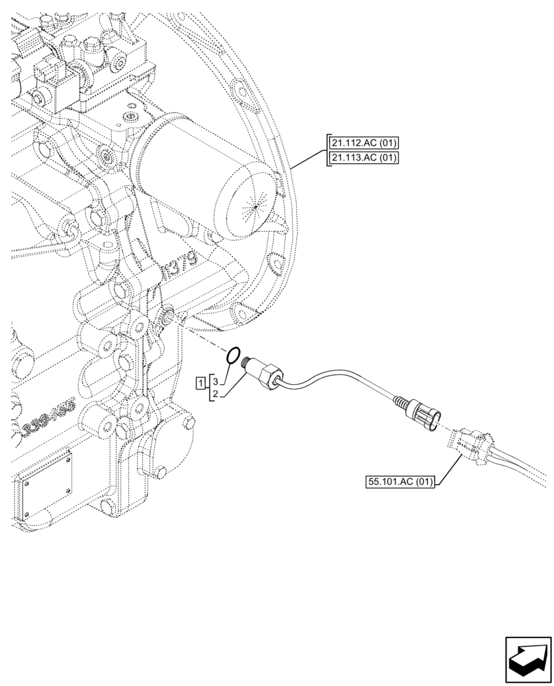 Схема запчастей Case 580N EP - (55.047.AL[01]) - TRANSMISSION, POWERSHUTTLE, COMFORT STEER, SENSOR (55) - ELECTRICAL SYSTEMS