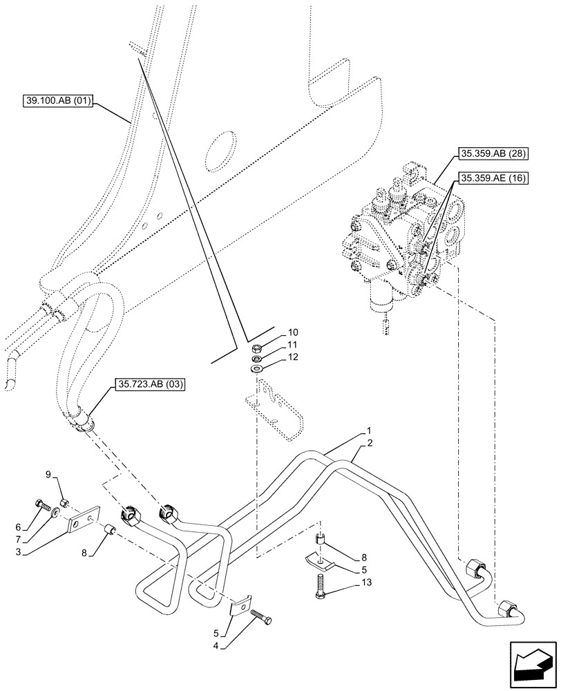 Схема запчастей Case 580SN - (35.723.AB[09]) - LOADER BUCKET CYLINDER LINES (35) - HYDRAULIC SYSTEMS