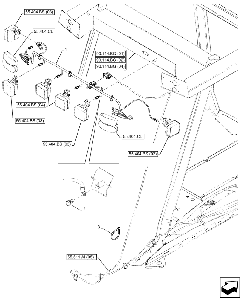 Схема запчастей Case 580SN - (55.511.AI[03]) - VAR - 442085, 423000, 442082 - CANOPY, WORK LIGHT, HARNESS (55) - ELECTRICAL SYSTEMS