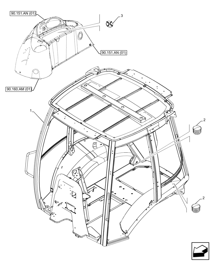 Схема запчастей Case 580N EP - (90.150.AC[01]) - VAR - 747854, 747855 - CAB FRAME, NARROW, 1 DOOR (90) - PLATFORM, CAB, BODYWORK AND DECALS