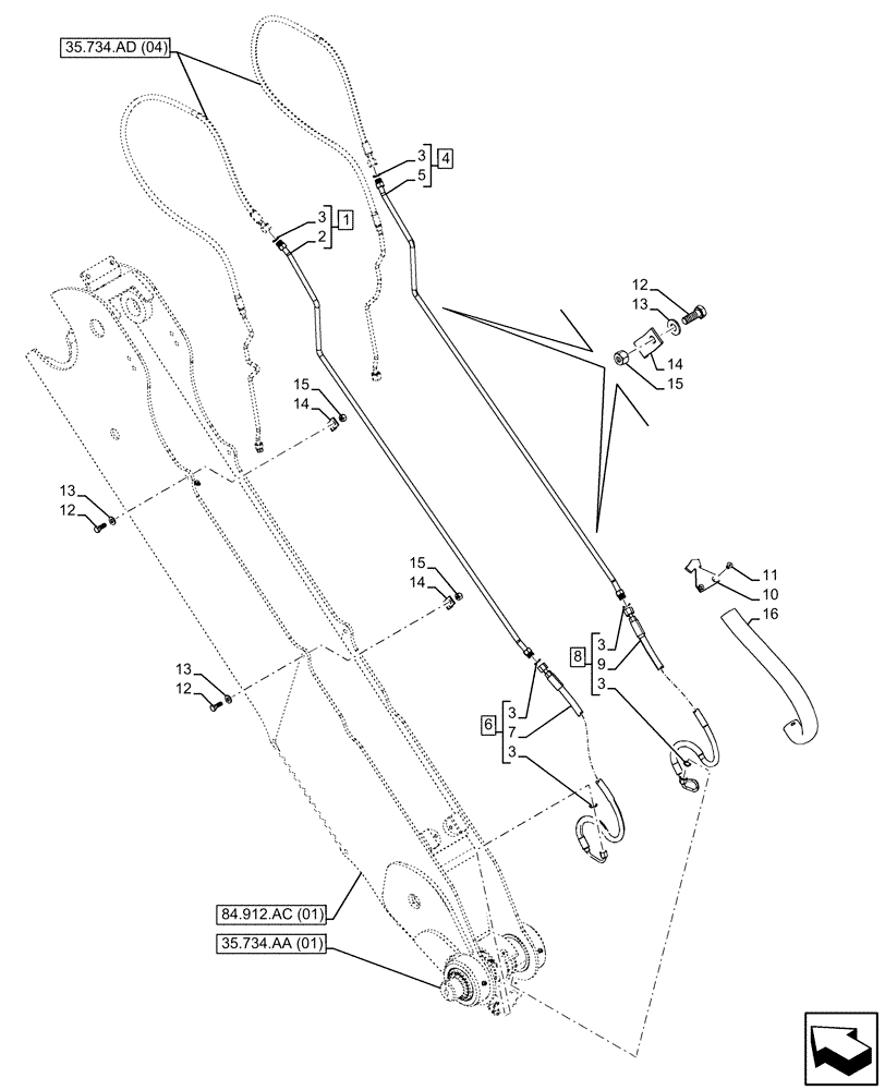 Схема запчастей Case 590SN - (35.734.AD[06]) - QUICK COUPLER, VALVE, HYDRAULIC LINE, EXTENDABLE DIPPER (35) - HYDRAULIC SYSTEMS