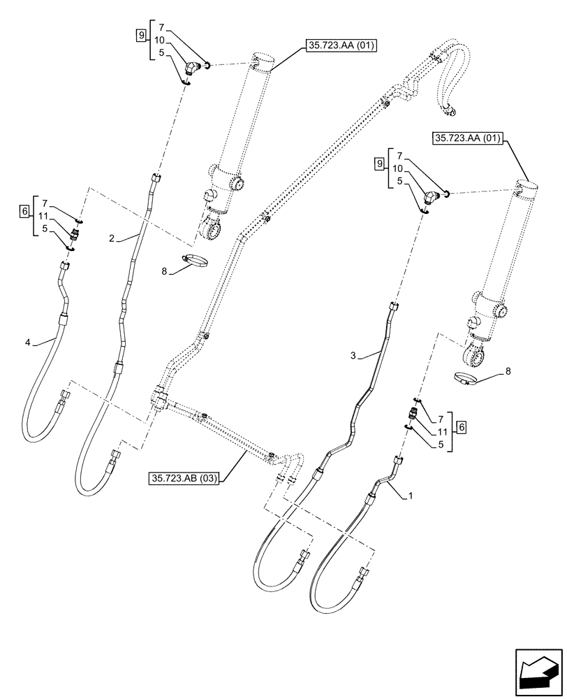 Схема запчастей Case 590SN - (35.723.AB[01]) - BUCKET CYLINDER, LINES (35) - HYDRAULIC SYSTEMS