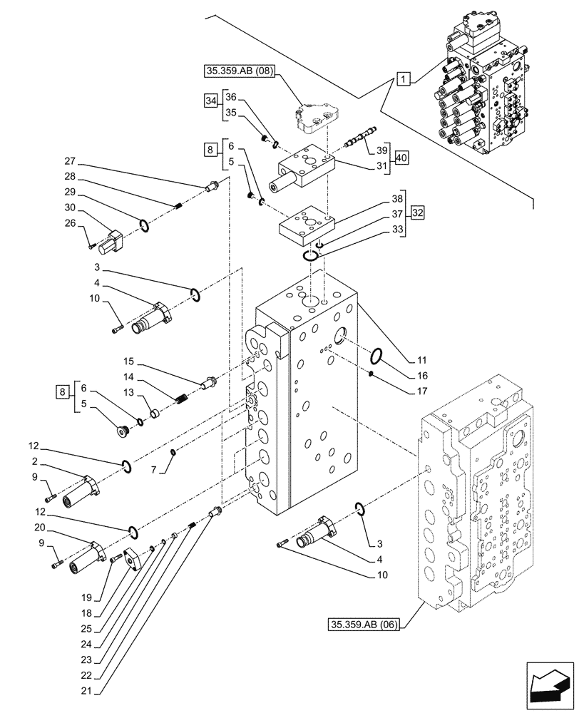 Схема запчастей Case CX210D NLC - (35.359.AB[07]) - VAR - 461863 - CONTROL VALVE, CLAMSHELL BUCKET, ROTATION, W/ ELECTRICAL PROPORTIONAL CONTROL (35) - HYDRAULIC SYSTEMS