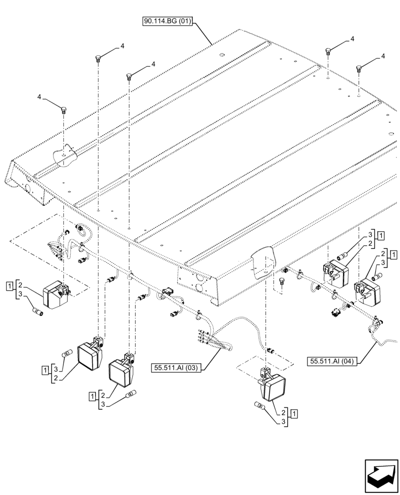 Схема запчастей Case 580N EP - (55.404.BS[03]) - VAR - 442085, 423000, 442082 - CANOPY, WORK LIGHT (55) - ELECTRICAL SYSTEMS