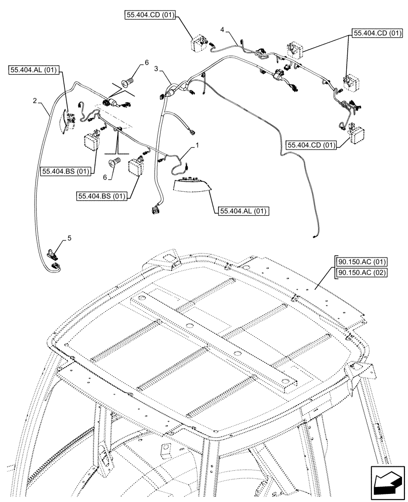 Схема запчастей Case 580N EP - (55.510.AH[01]) - VAR - 747853, 747854, 747855 - CAB ROOF, NARROW, WIRE HARNESS (55) - ELECTRICAL SYSTEMS