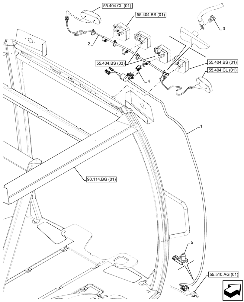 Схема запчастей Case 580SN WT - (55.511.AI[04]) - VAR - 442085, 423000, 442082 - CANOPY, WORK LIGHT, HARNESS (55) - ELECTRICAL SYSTEMS