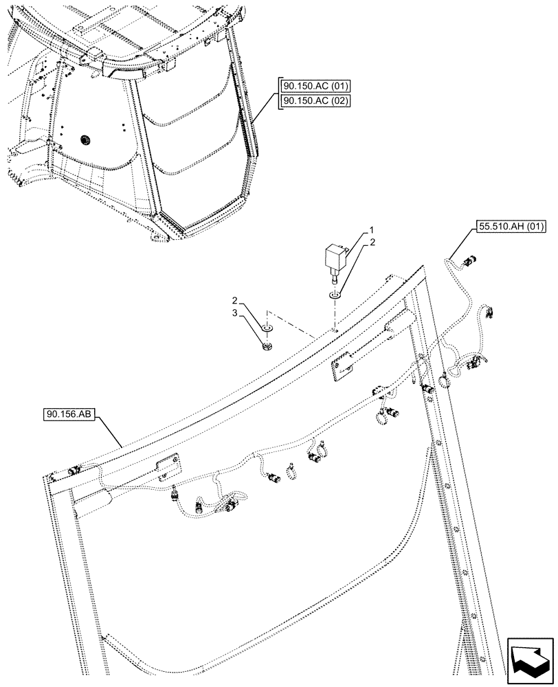 Схема запчастей Case 580SN - (55.518.AY[02]) - VAR - 747853, 747854, 747855 - CAB, NARROW, REAR WIPER, STOP SWITCH (55) - ELECTRICAL SYSTEMS