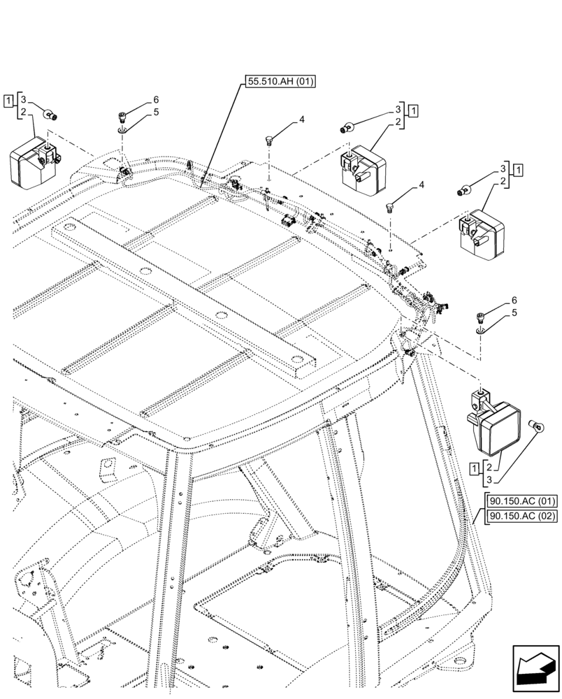 Схема запчастей Case 580SN - (55.404.CD[01]) - VAR - 747853, 747854, 747855 - CAB, NARROW, REAR WORK LIGHT (55) - ELECTRICAL SYSTEMS