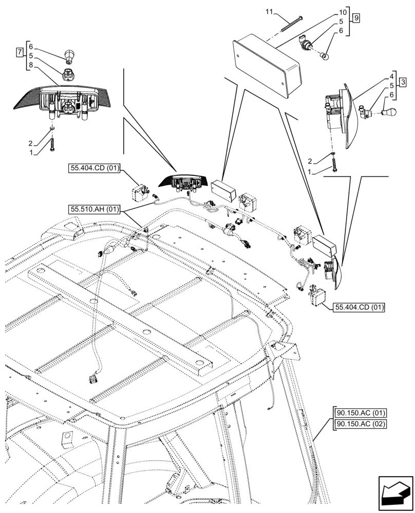 Схема запчастей Case 590SN - (55.404.BM[02]) - VAR - 747853, 747854, 747855 - CAB, NARROW, REAR LIGHT (55) - ELECTRICAL SYSTEMS