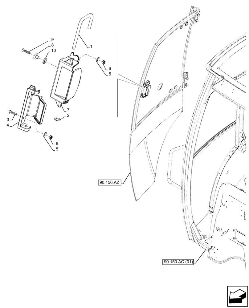 Схема запчастей Case 580SN - (90.156.AS) - VAR - 747854, 747855 - RH CAB DOOR, NARROW, LOCK (90) - PLATFORM, CAB, BODYWORK AND DECALS